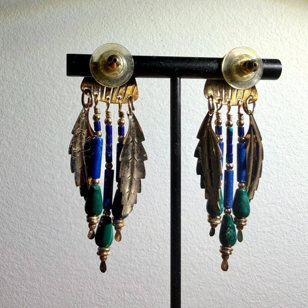 Tabra Tunoa Vintage Earrings - Malachite, Lapis Lazuli, and Gold-filled Leafs - Picture 4 of 6
